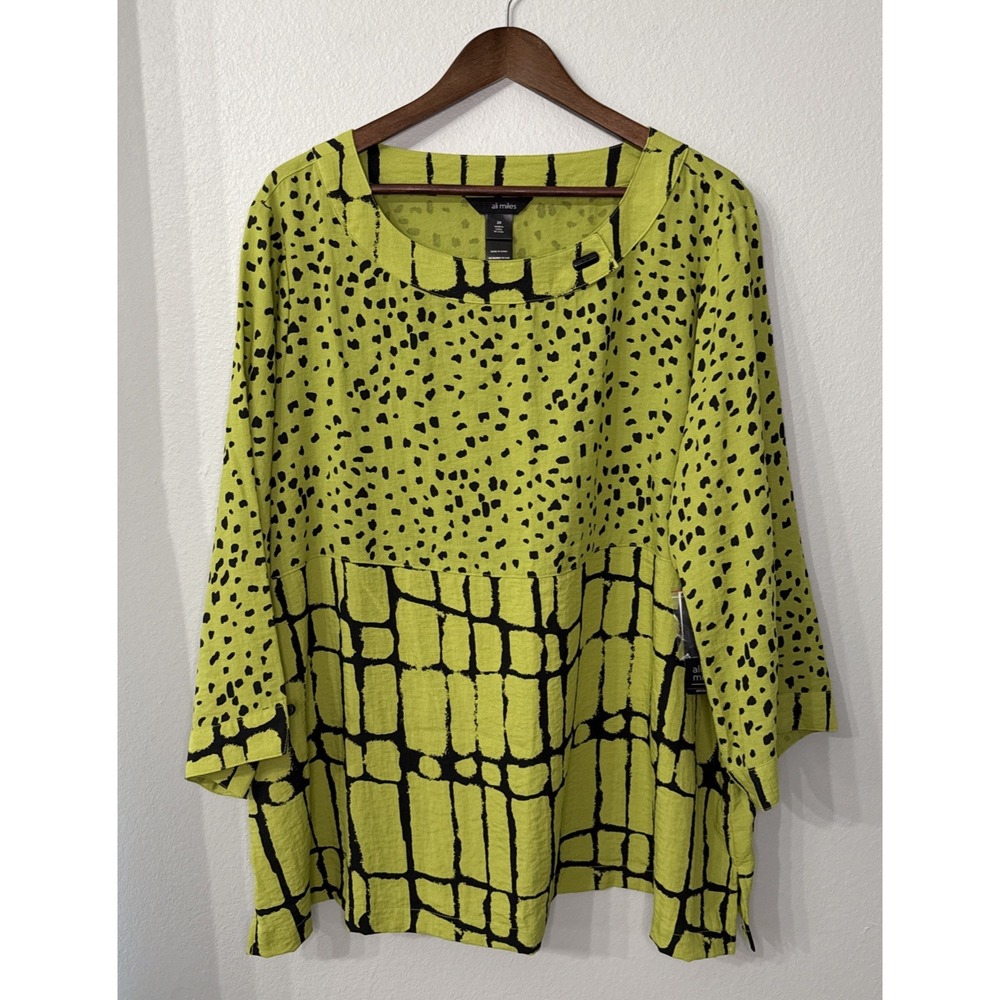 NEW Ali Miles blouse womens 2X green black geometric art boho career office work